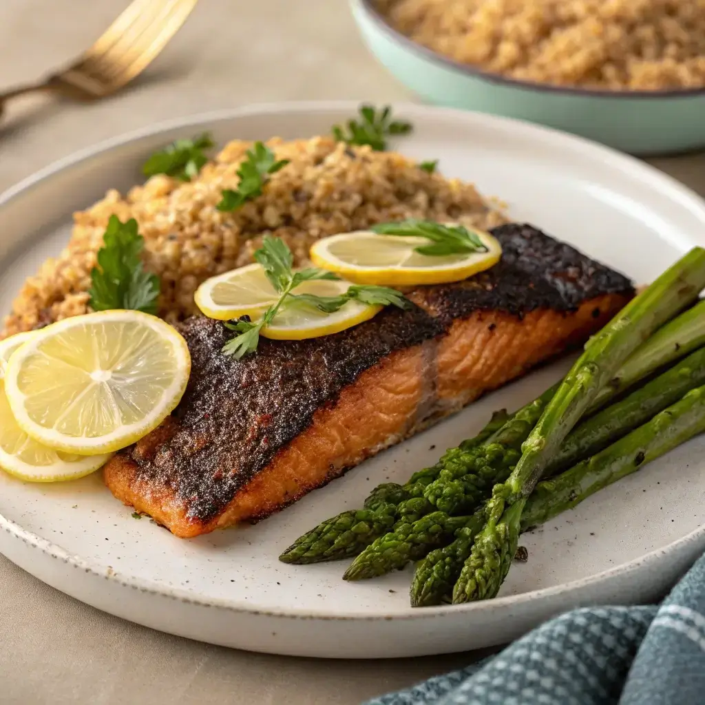 Perfectly cooked blackened salmon with lemon garnish and roasted asparagus