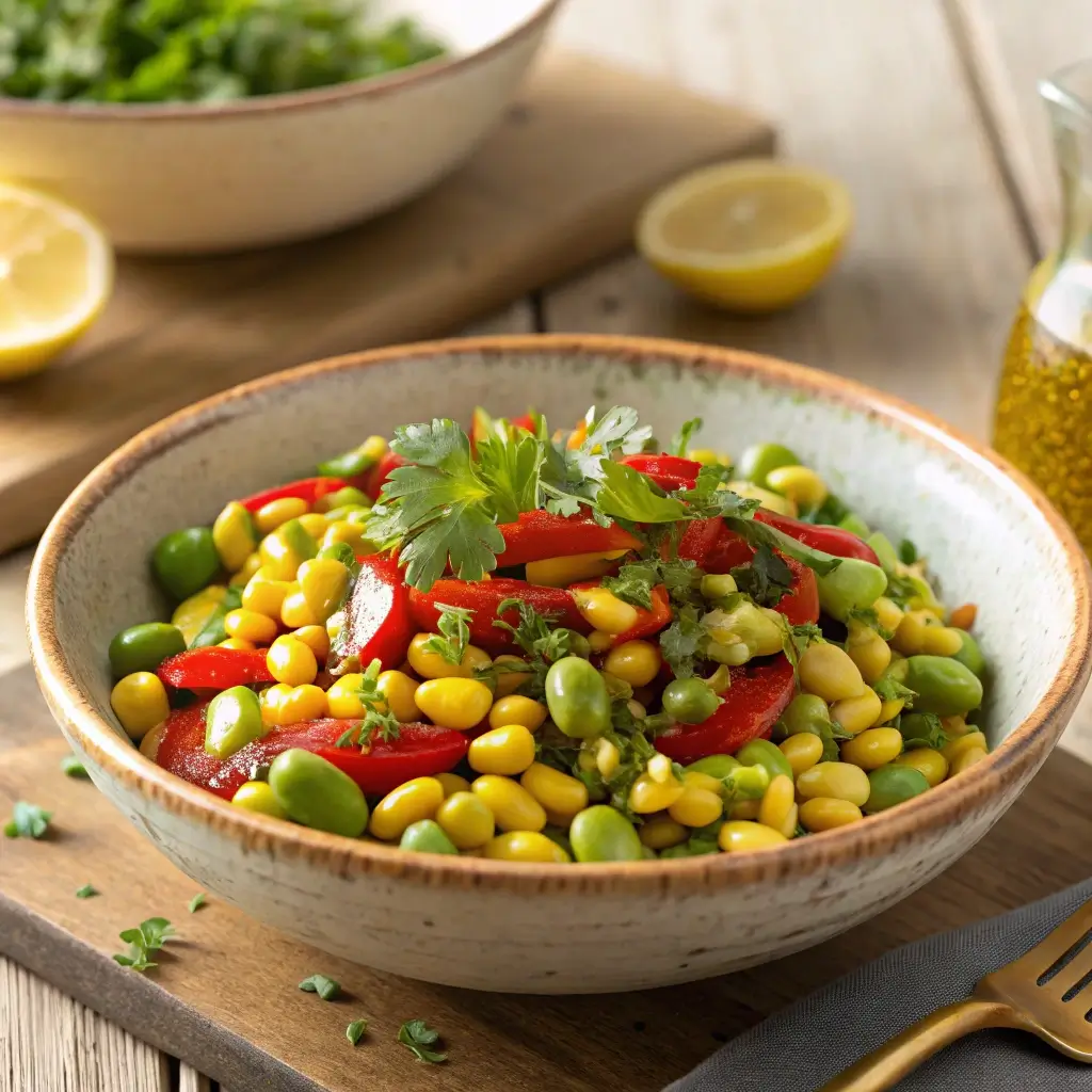 Vibrant edamame succotash with corn, bell peppers, and fresh herbs in a rustic bowl