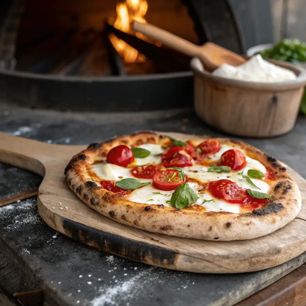 Freshly baked Neapolitan pizza with charred crust and fresh toppings