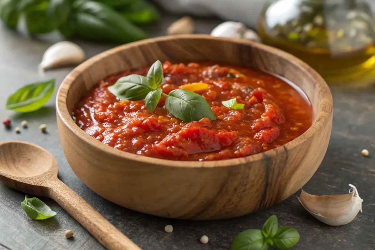 Fresh Italian pizza sauce in a rustic wooden bowl with basil and olive oil