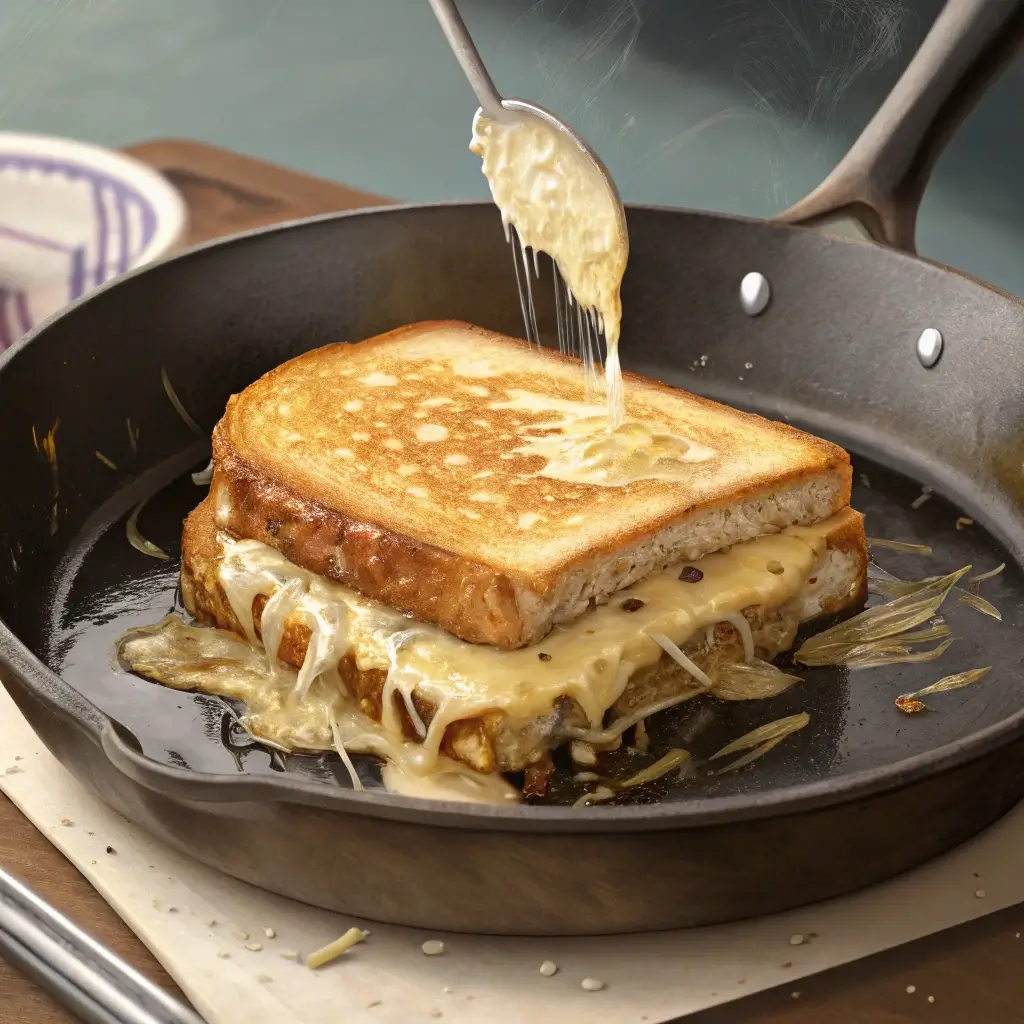 "French Onion Grilled Cheese sandwich grilling in a pan with melted cheese"