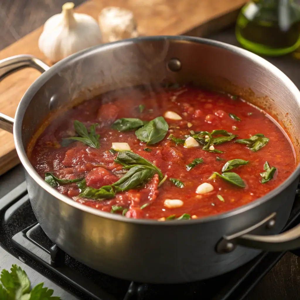 San Marzano tomatoes, basil, and olive oil on cutting board