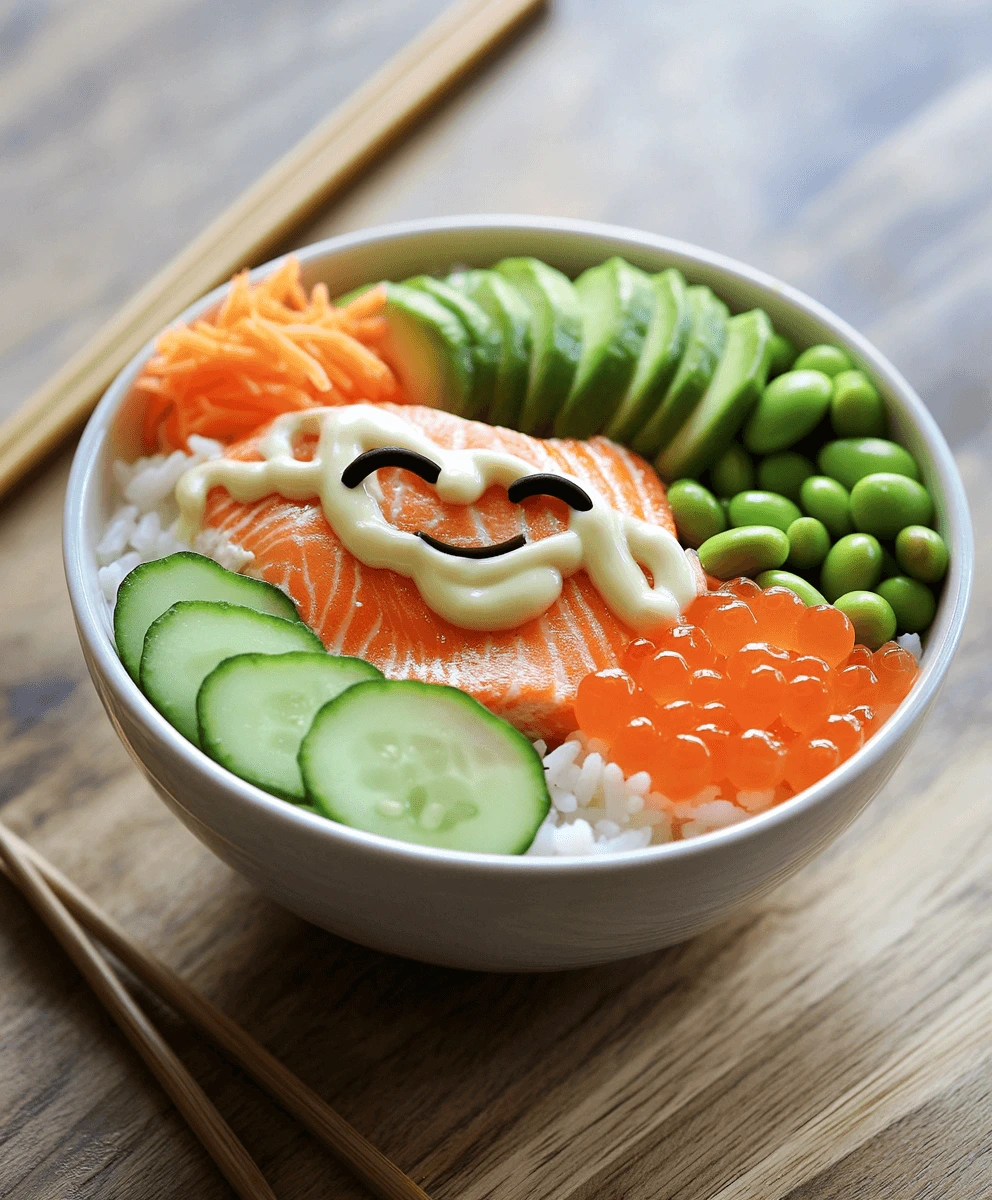Salmon rice bowl with grilled salmon, avocado, edamame, and spicy mayo, served with chopsticks.