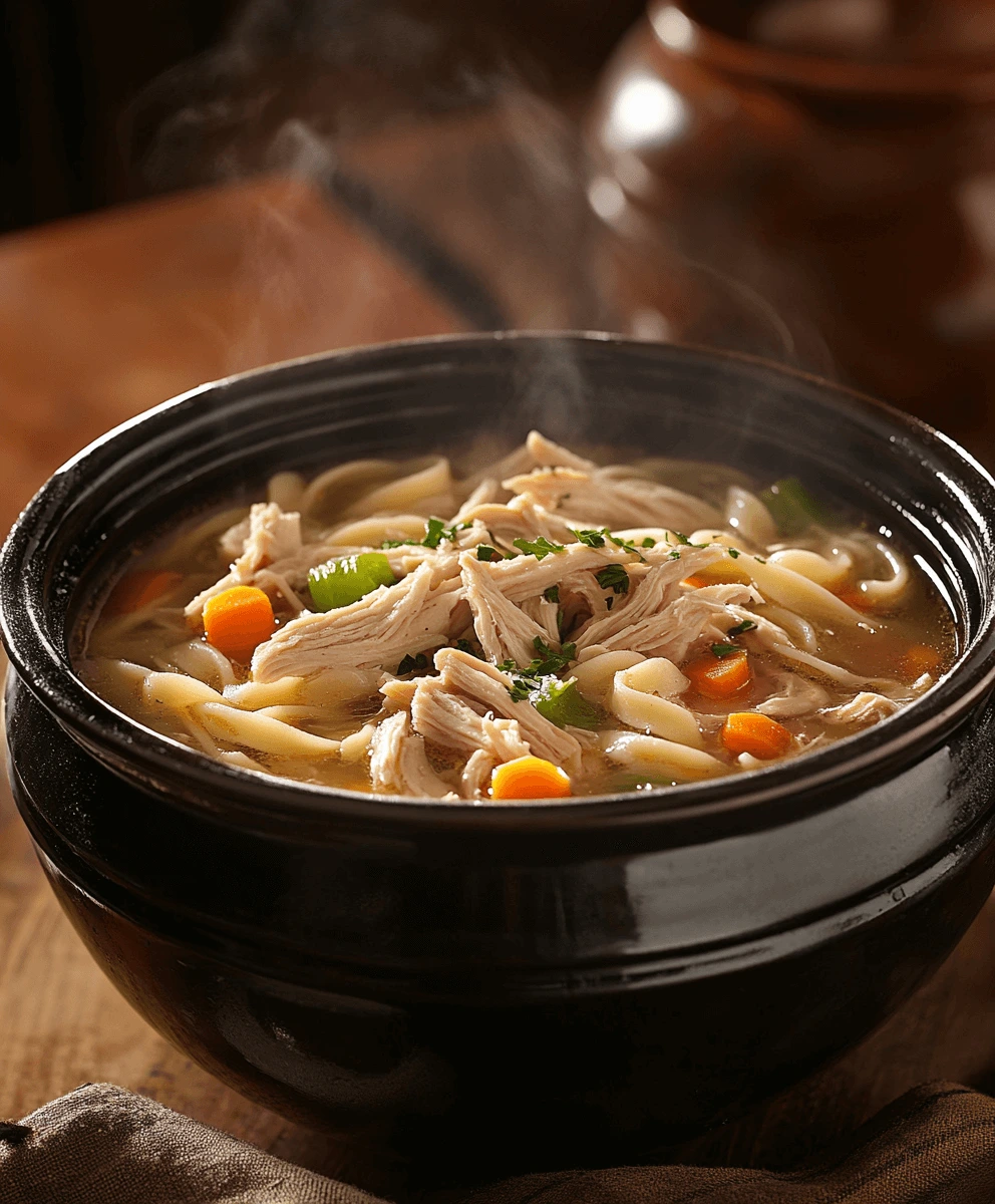 Bowl of gluten-free chicken noodle soup with vegetables and herbs.