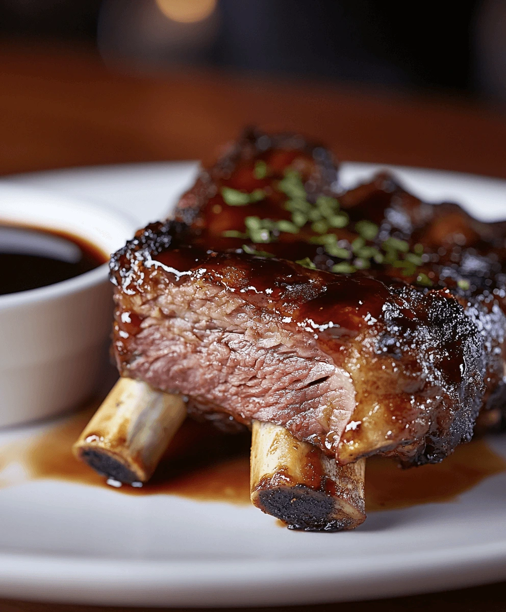 Tender beef back ribs served with mashed potatoes, grilled vegetables, and barbecue sauce on a plate