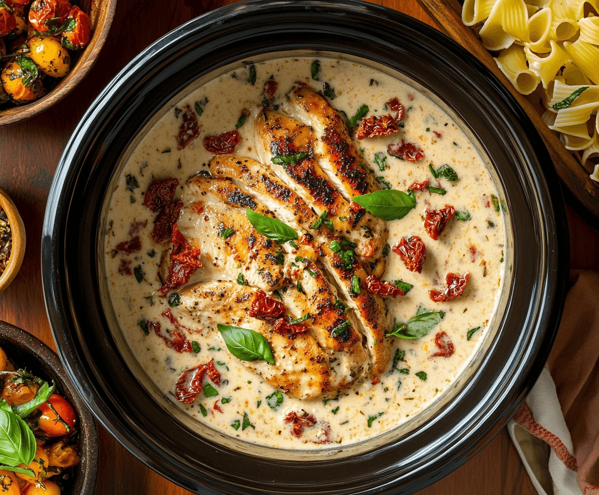 Marry Me Chicken cooked in a crock pot with creamy sauce, sun-dried tomatoes, and fresh basil.