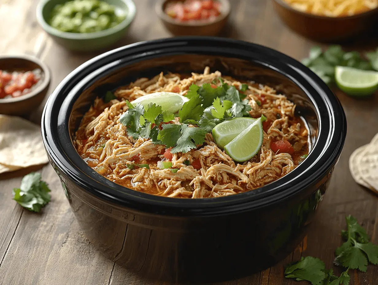 Crock pot filled with juicy shredded chicken taco meat served with tortillas, salsa, and guacamole.