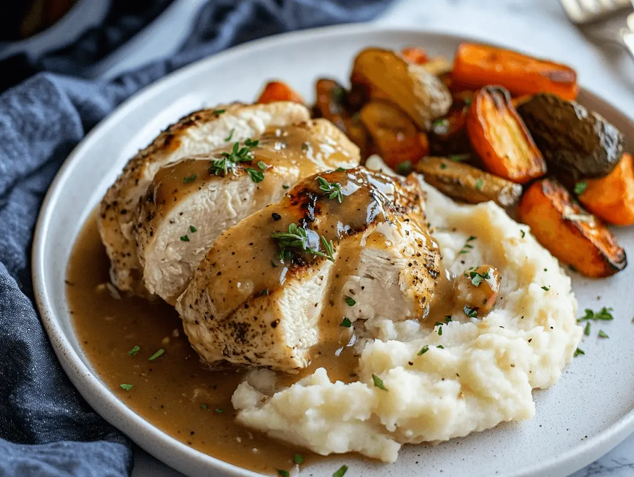 Plated crock pot chicken over mashed potatoes with gravy and roasted vegetables on the side.