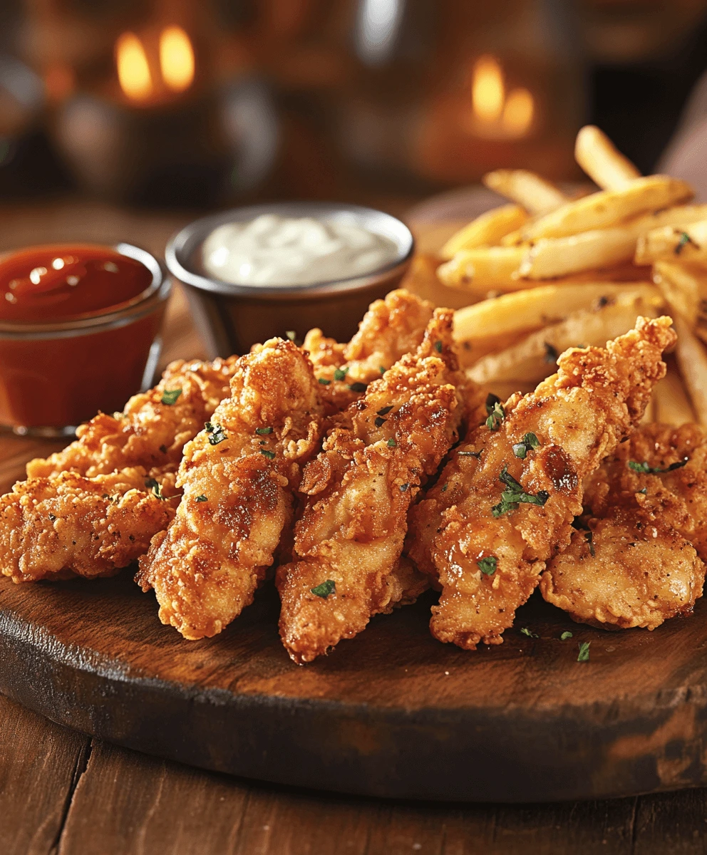 Golden fried chicken tenders with crispy French fries and dipping sauces on a wooden platter.