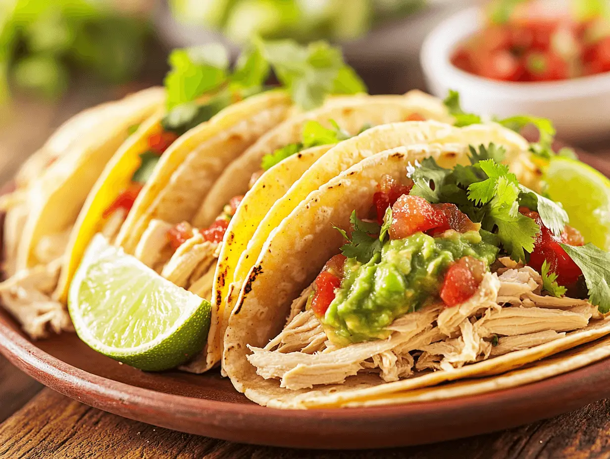 Crock pot chicken tacos served with salsa and guacamole on a wooden table.