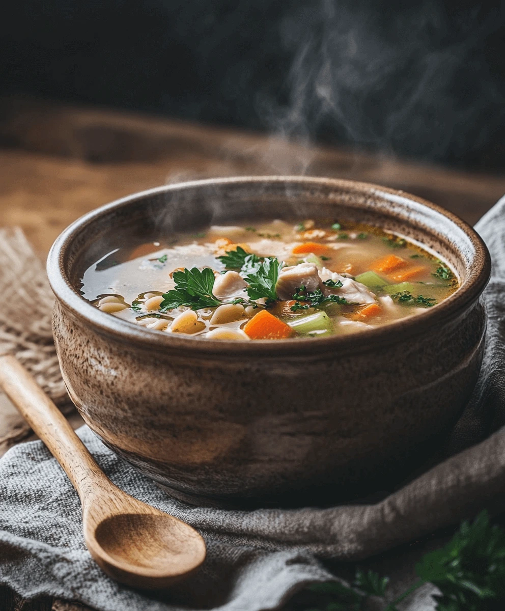 Bowl of gluten-free chicken noodle soup with vegetables and fresh parsley garnish.