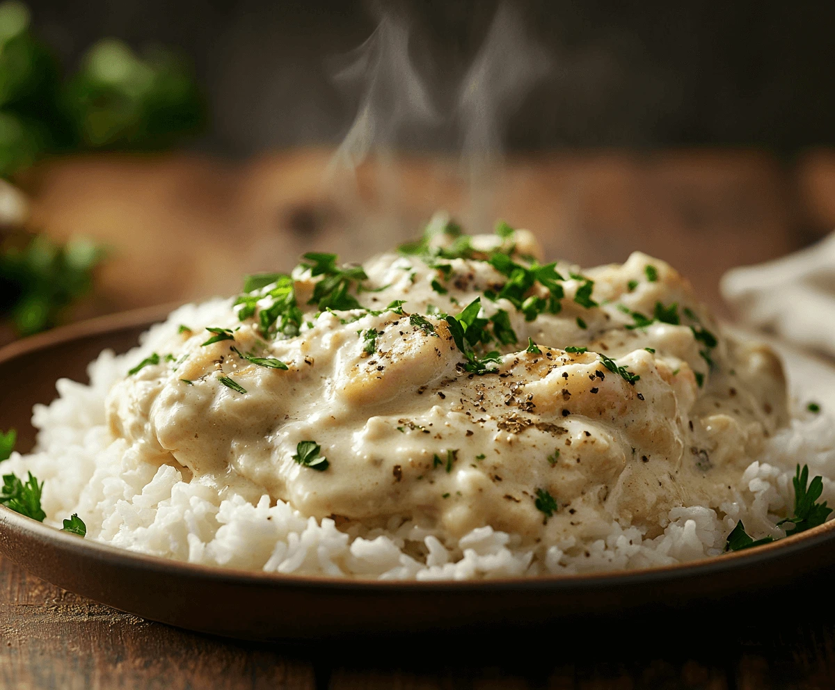 Creamy chicken served over rice with parsley garnish.