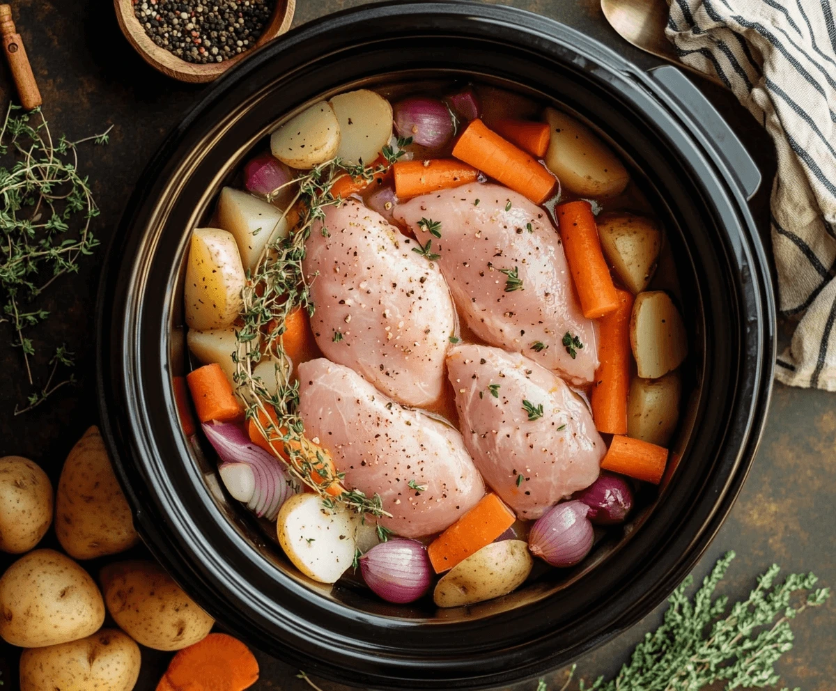 Raw chicken layered over vegetables in a slow cooker, ready for cooking.