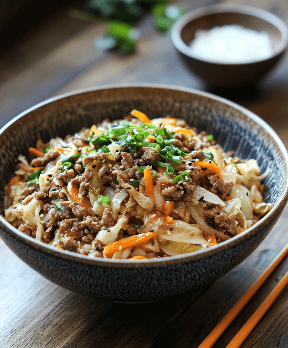 A bowl of beef and cabbage stir-fry with carrots and soy-garlic sauce on a wooden table.