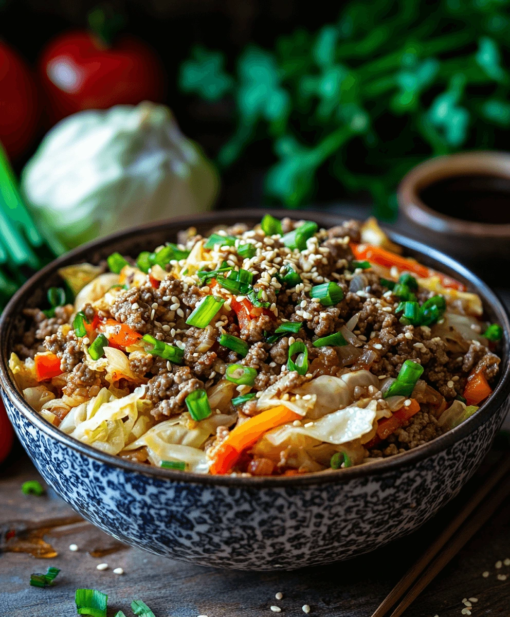 Ground beef and cabbage stir-fry garnished with sesame seeds and green onions