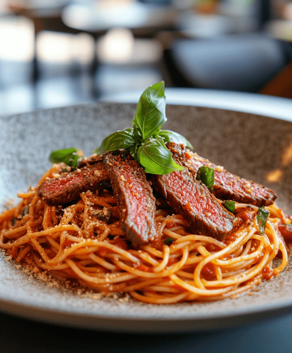 "Fusion-style steak and pasta featuring spicy spaghetti and steak strips garnished with fresh basil and chili flakes.