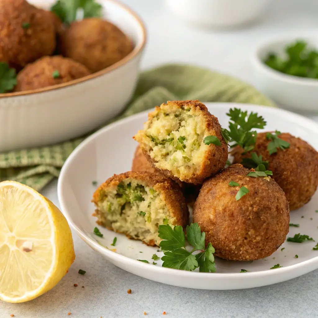 A plate of crispy golden-brown falafel served with tahini sauce, fresh herbs, and pita bread.