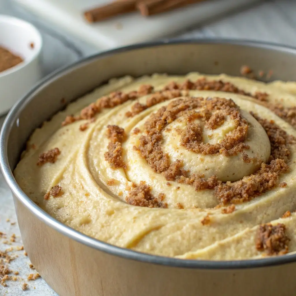 Sour cream coffee cake batter with cinnamon streusel topping, ready to be baked.