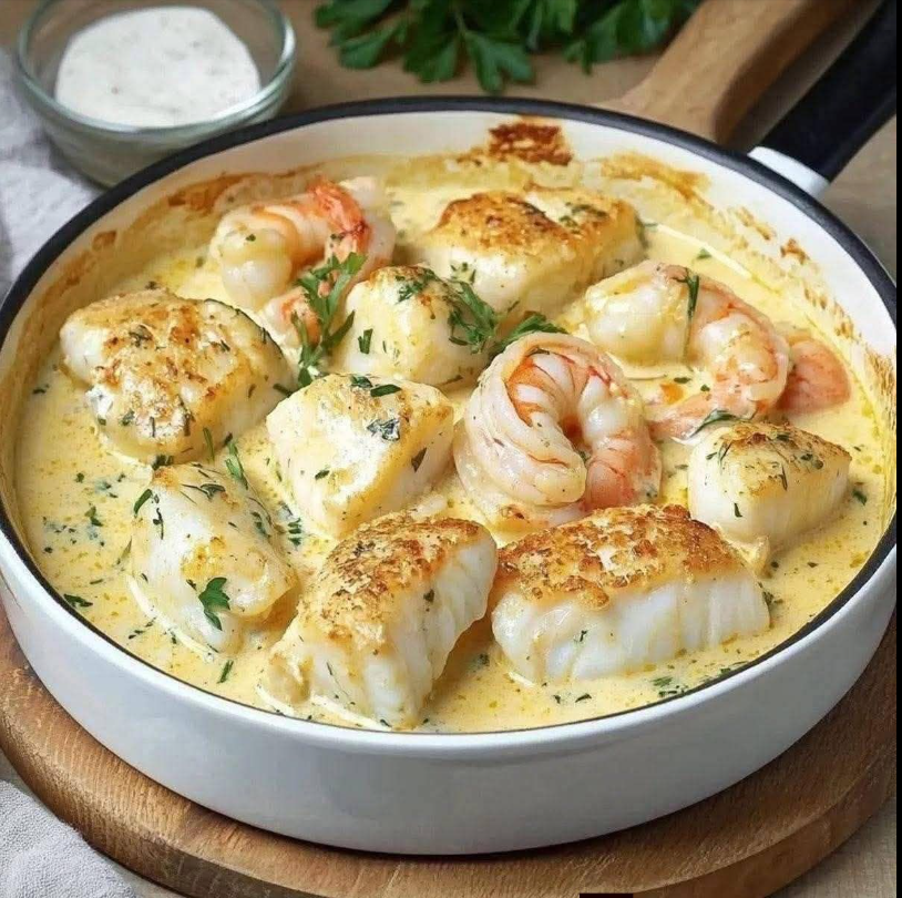 Shrimp and Cod in Creamy Garlic Sauce