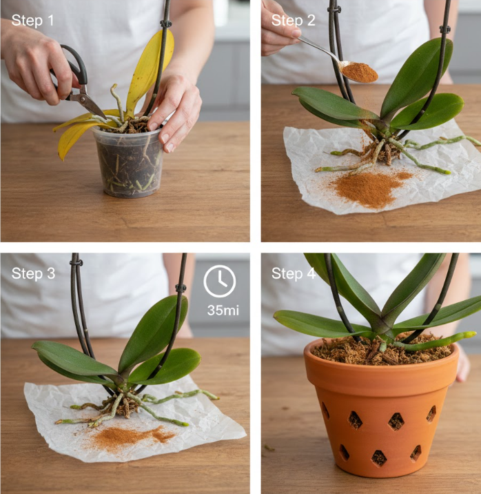 Sprinkle 1 spoon on dead orchid roots