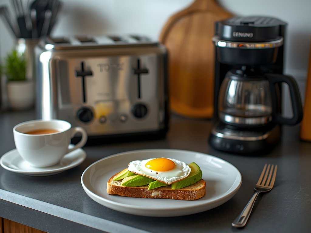 A bustling kitchen counter with a toaster, coffee maker, and