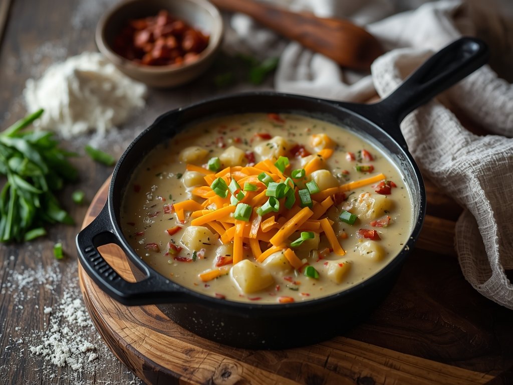 loaded potato soup - A cast-iron pot filled with creamy