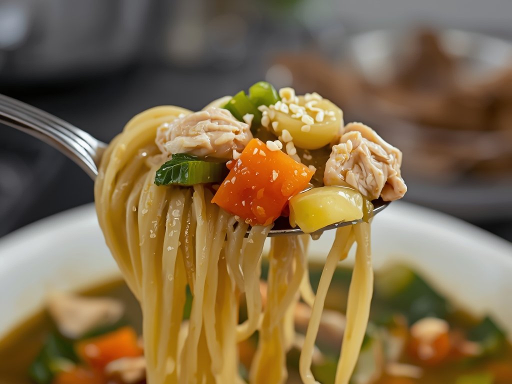 A close-up of a spoonful of chicken noodle soup, showcasing