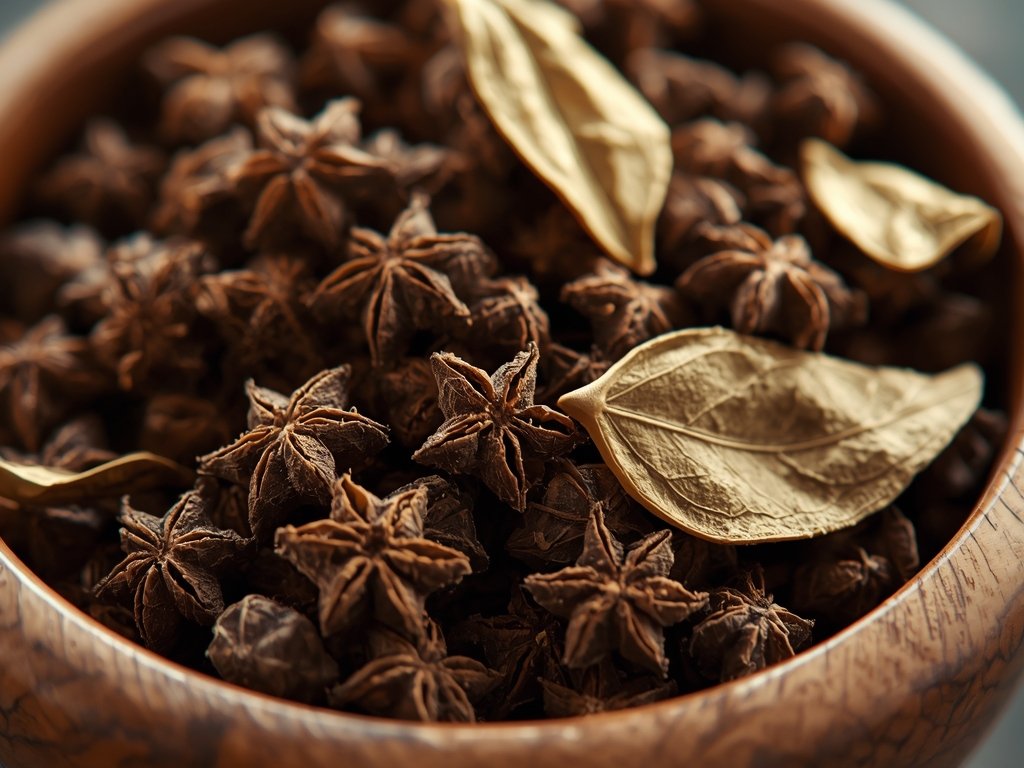 A close-up of a wooden bowl filled with whole cloves