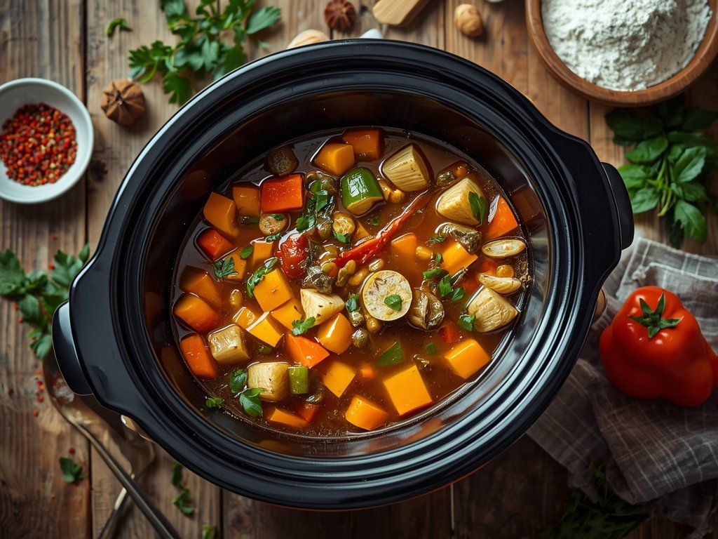 crockpot soup recipes - A crockpot filled with colorful vegetables