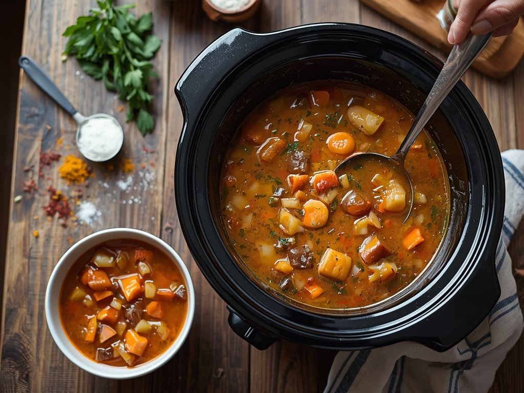 crockpot soup recipes - A crockpot filled with soup, shot