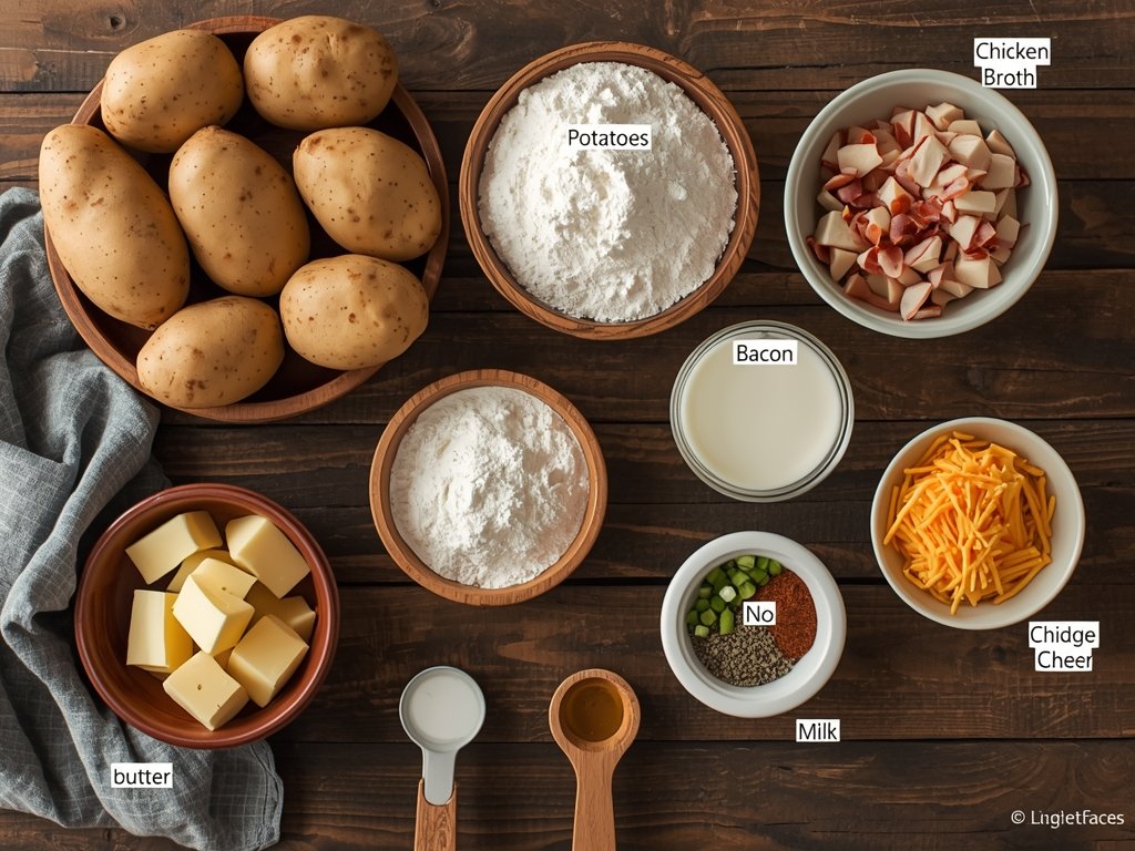 loaded potato soup - A flat lay of all the
