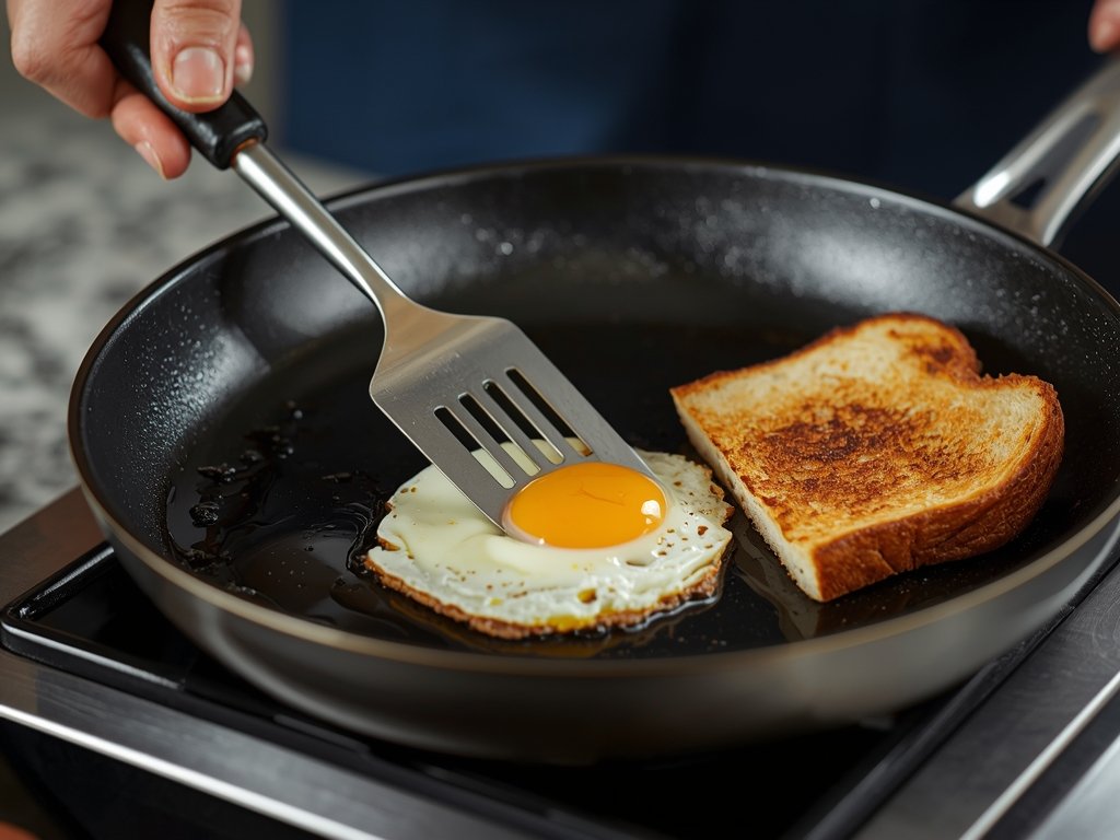 A hand holding a spatula, expertly flipping an egg in