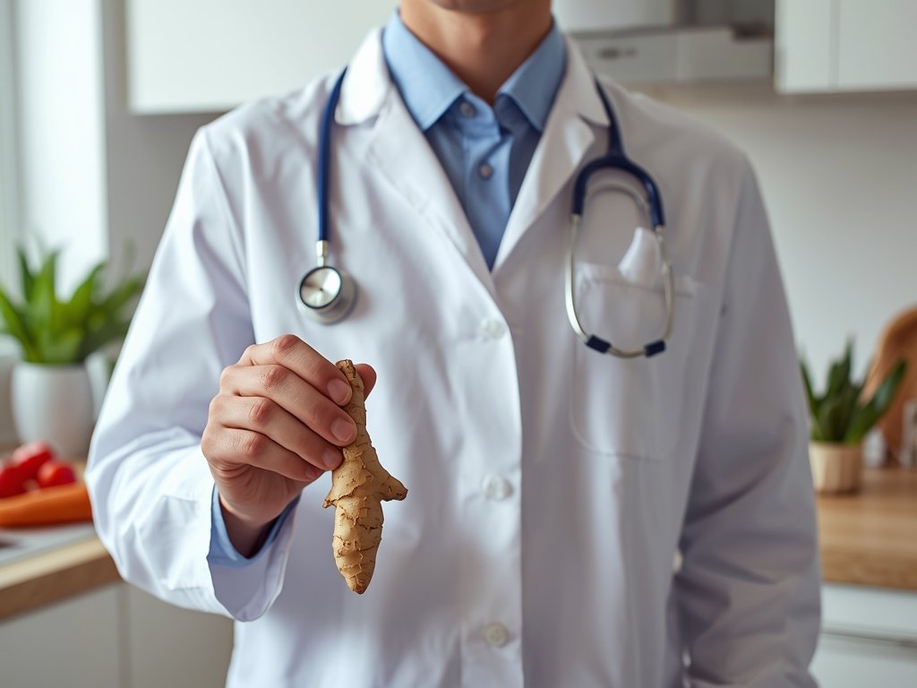 A photorealistic image of a doctor holding a ginger root,