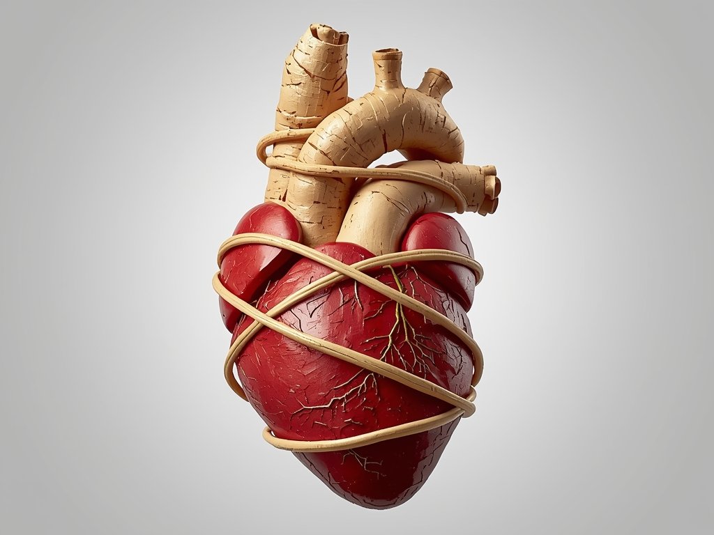 A photorealistic image of a heart with ginger roots wrapped