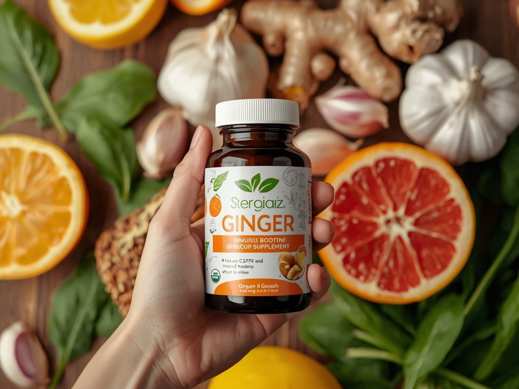 A photorealistic image of a person holding a ginger supplement