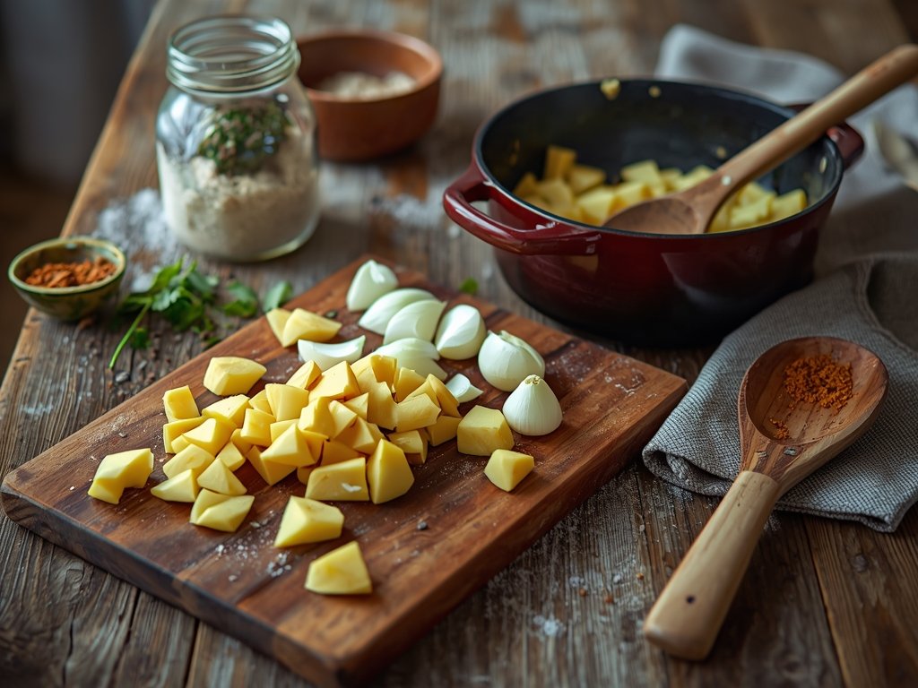 loaded potato soup - A rustic wooden cutting board with