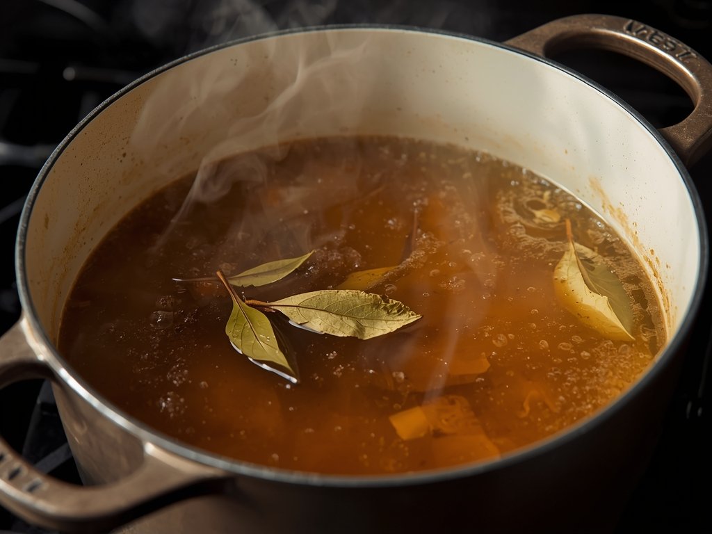 A simmering pot of broth with bay leaves and cloves