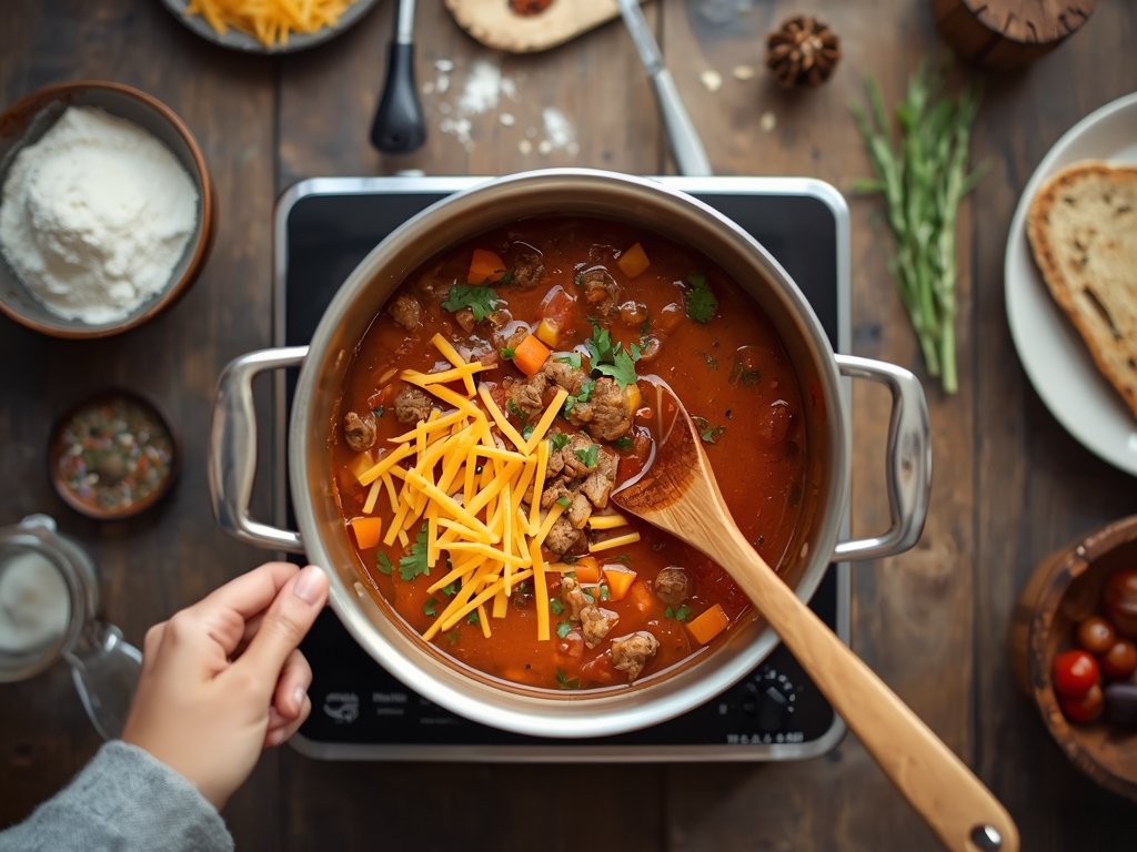 cheeseburger soup recipe - A simmering pot of cheeseburger soup