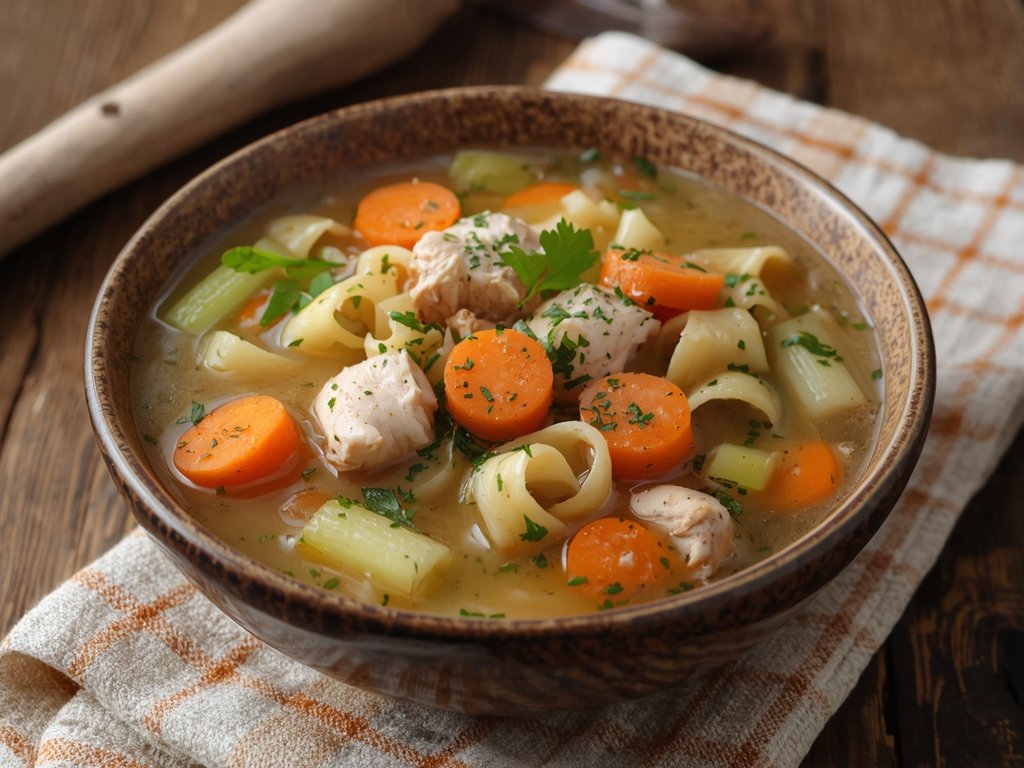A steaming bowl of chicken noodle soup with carrots, celery,