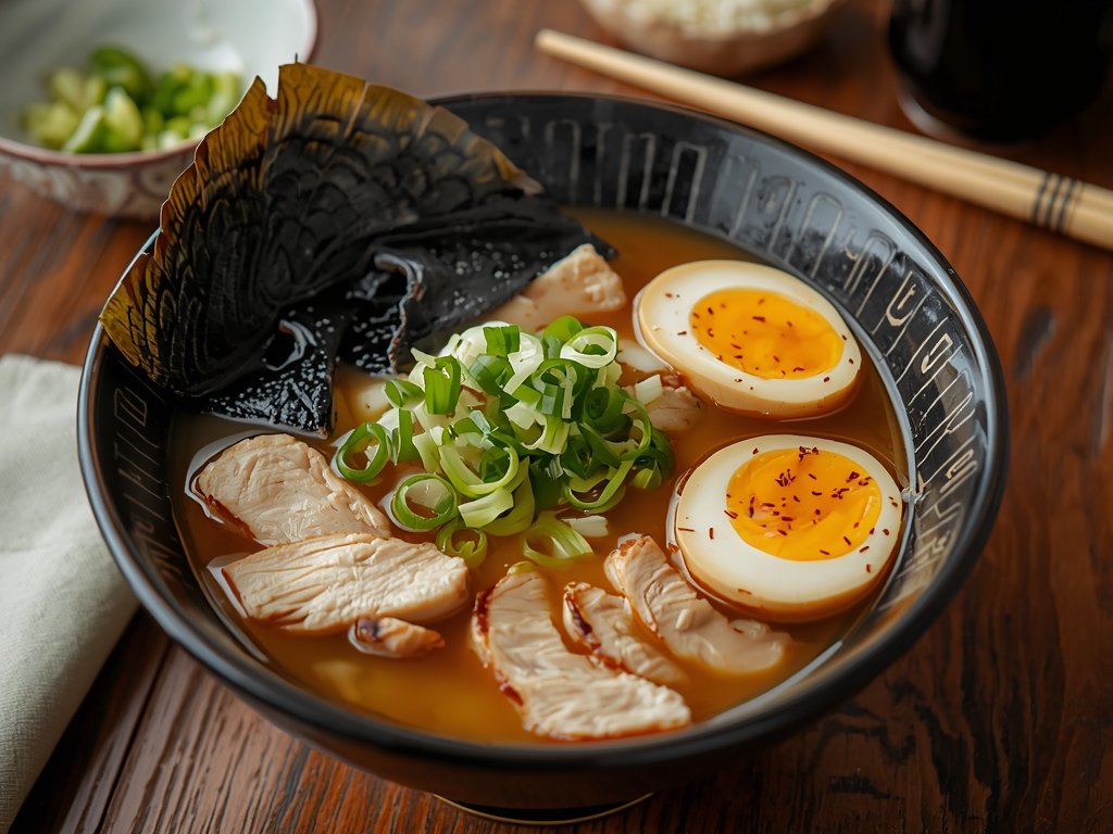 A steaming bowl of Japanese-style chicken ramen with tender chicken