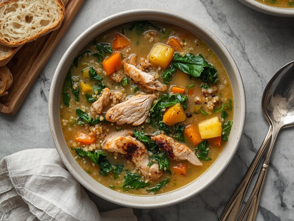 A trendy, modern bowl of chicken soup with quinoa, kale,