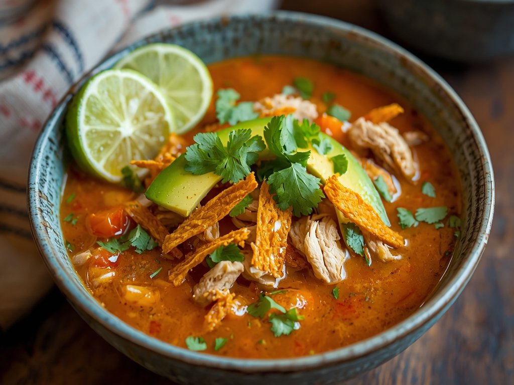 A vibrant bowl of tortilla soup with shredded chicken, avocado,