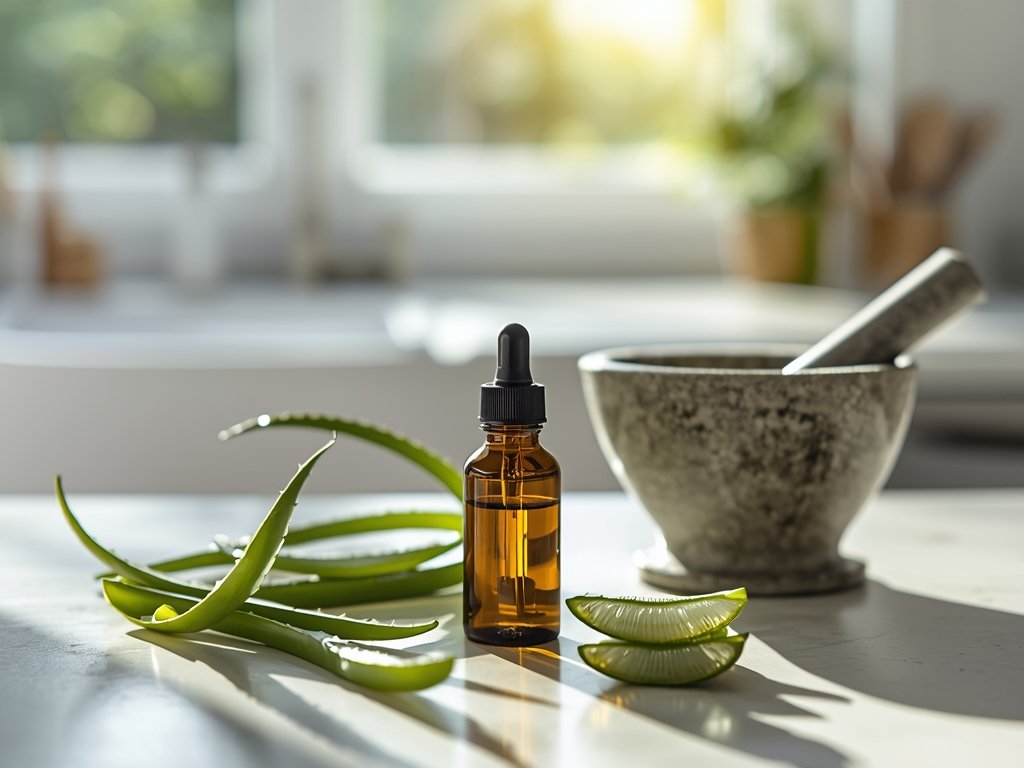 A vibrant, sunlit kitchen counter with fresh aloe vera leaves,
