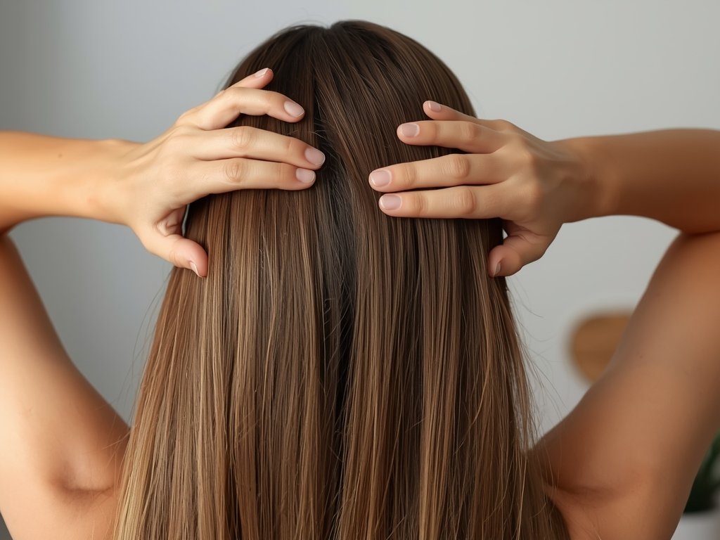 A woman with long, healthy hair applying aloe vera oil