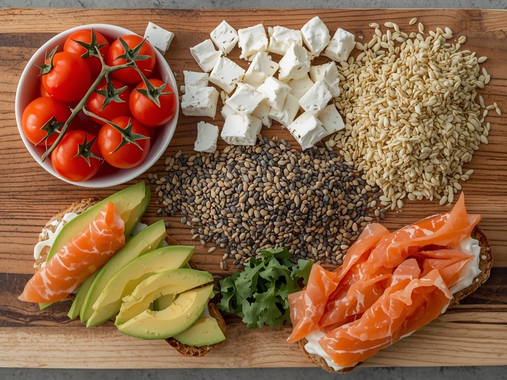 A wooden board with an array of toppings, including cherry