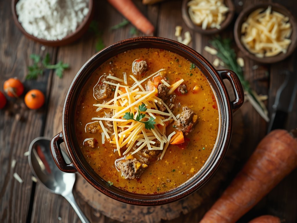 cheeseburger soup recipe - Authentic home-cooked cheeseburger soup in a rustic ceramic bowl, shot