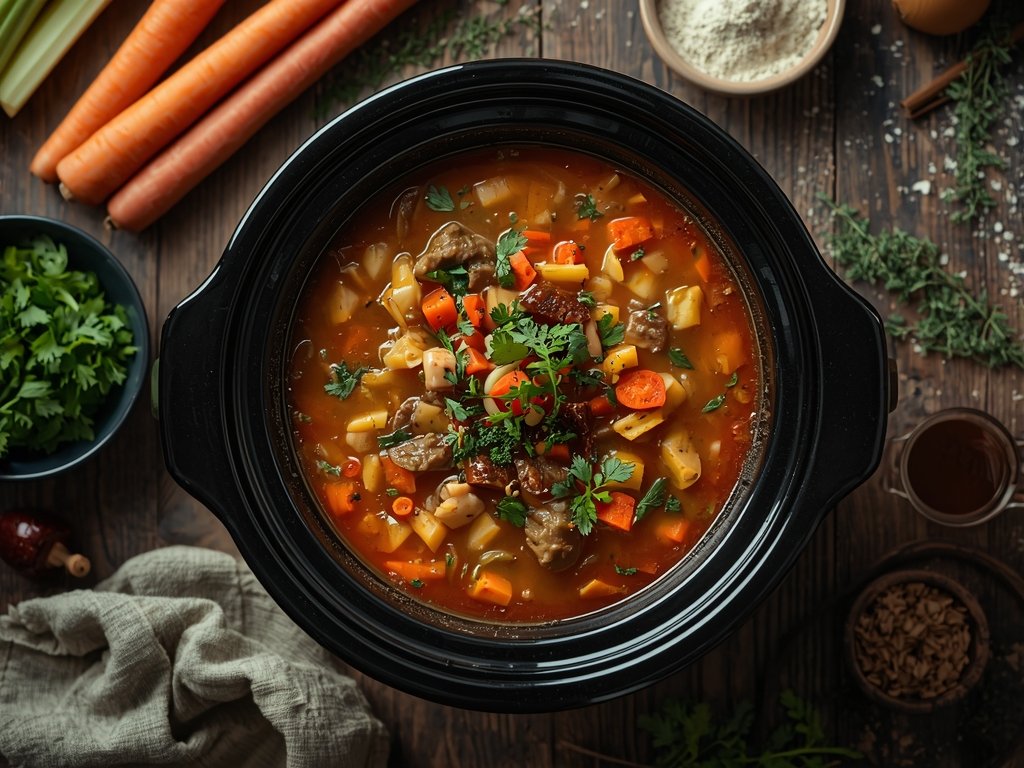 crockpot soup recipes - Authentic home-cooked soup in a crockpot, shot on a rustic