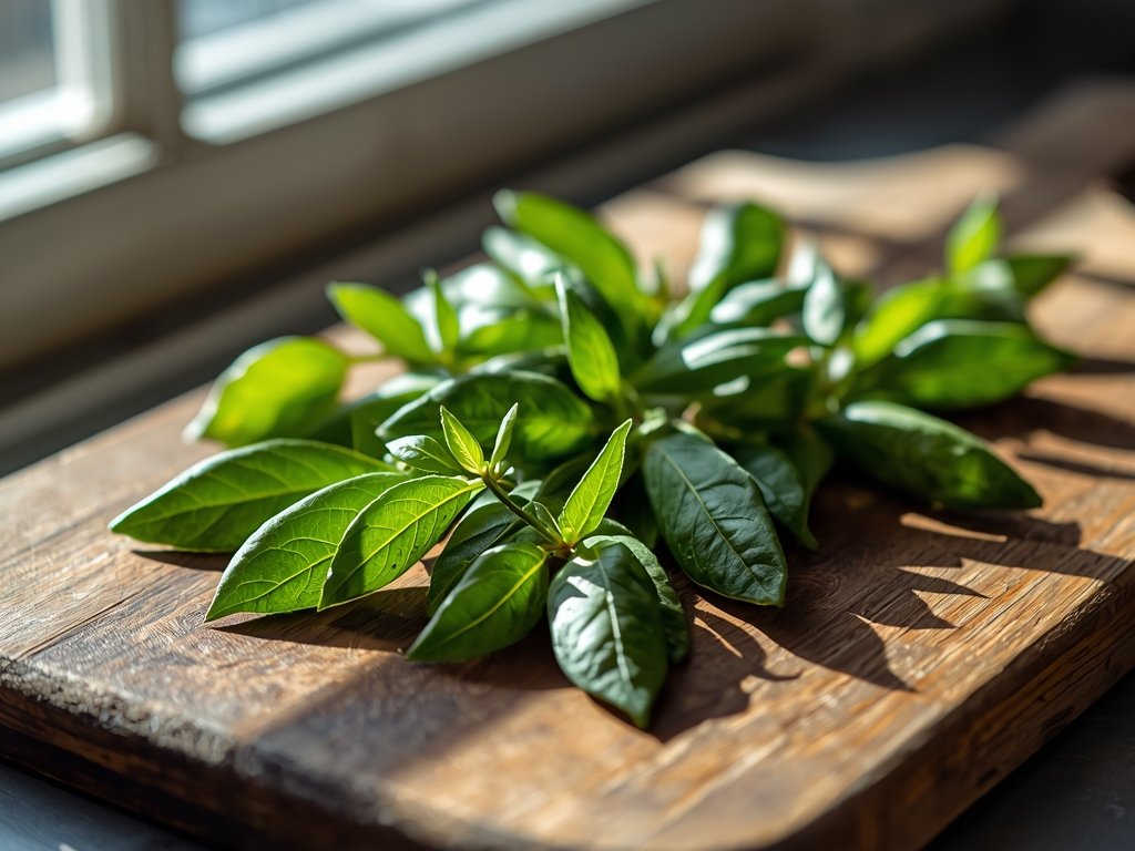 Fresh bay leaves on a rustic wooden cutting board, with