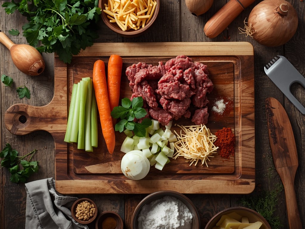 cheeseburger soup recipe - Fresh ingredients for cheeseburger soup laid