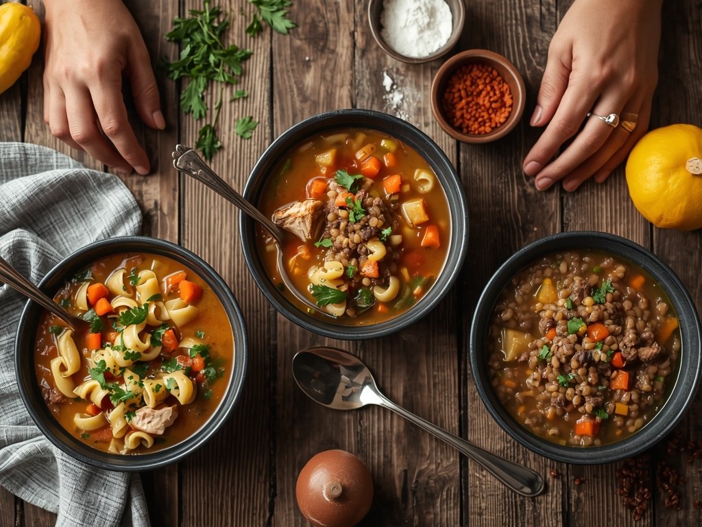 crockpot soup recipes - Three bowls of different crockpot soups